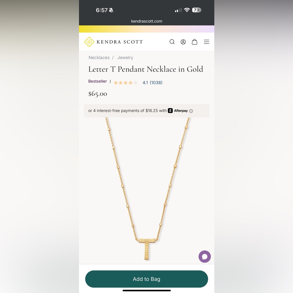 Like new! Kendra Scott Letter T Pendant Necklace in Gold
